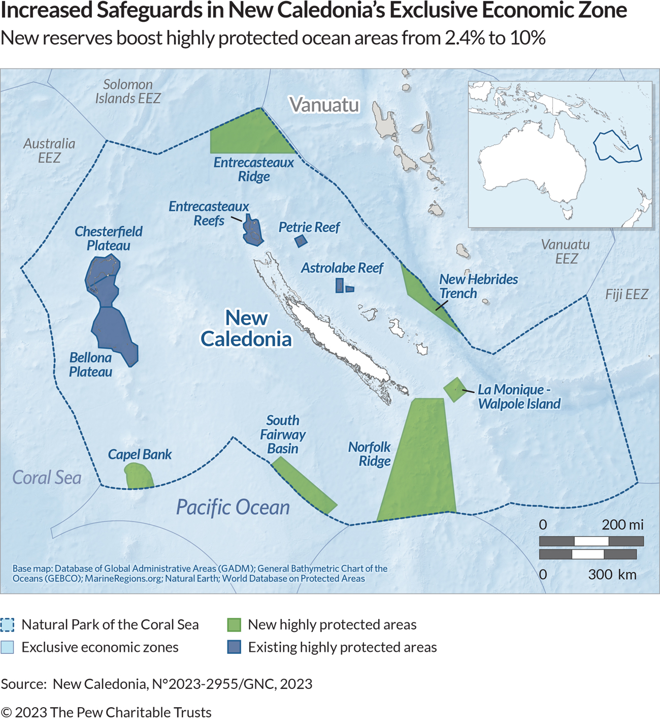 Map of an area of the South Pacific Ocean centered around New Caledonia, with lines delineating various countries' and territories' exclusive economic zones, along with blue and green shading to show highly protected areas and certain features, including reefs and underwater ridges and plateaus.