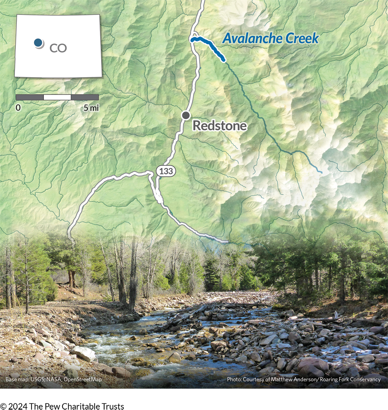 A shallow creek flows through a rocky bed, with trees and plants bordering each side. A topographic map of the area blends into the top of the photo, identifying its location within Colorado. 