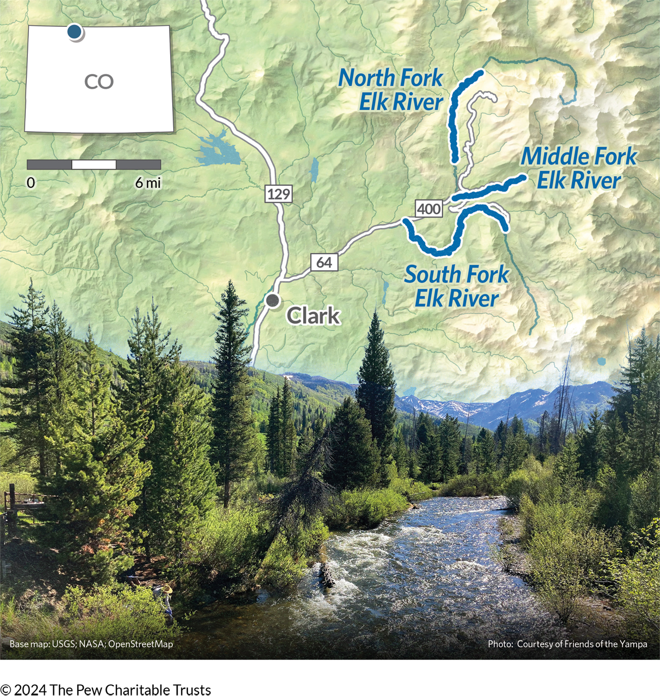 A flowing river with tall trees bordering each side, with a grassy area and mountain peaks visible in the background. A topographic map of the area blends into the top of the photo, identifying its location within Colorado. 