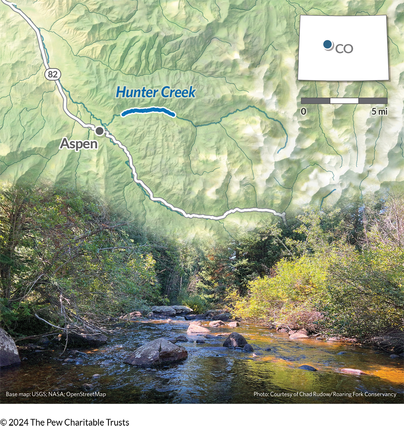 A creek flowing around rocks is bordered by trees and plants. A topographic map of the area blends into the top of the photo, identifying its location within Colorado. 