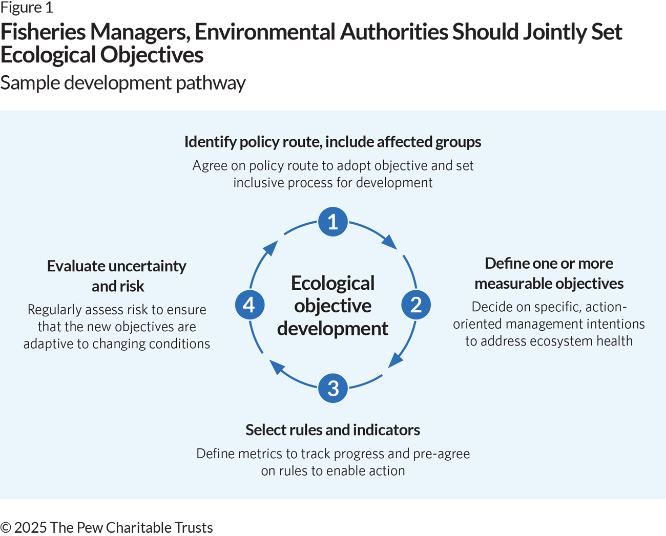 A graphic demonstrating the four steps in the cycle of ecological objective development arranged in a numbered workflow, with arrows indicating clockwise, circular process. Step one, “identify policy route, include all affected groups,” is at the left of the circle. Step two, “define one or more measurable objectives,” is at the top of the circle. Step three, “select rules and indicators” is at the right, and step four, “evaluate uncertainty and risk” is at the bottom.