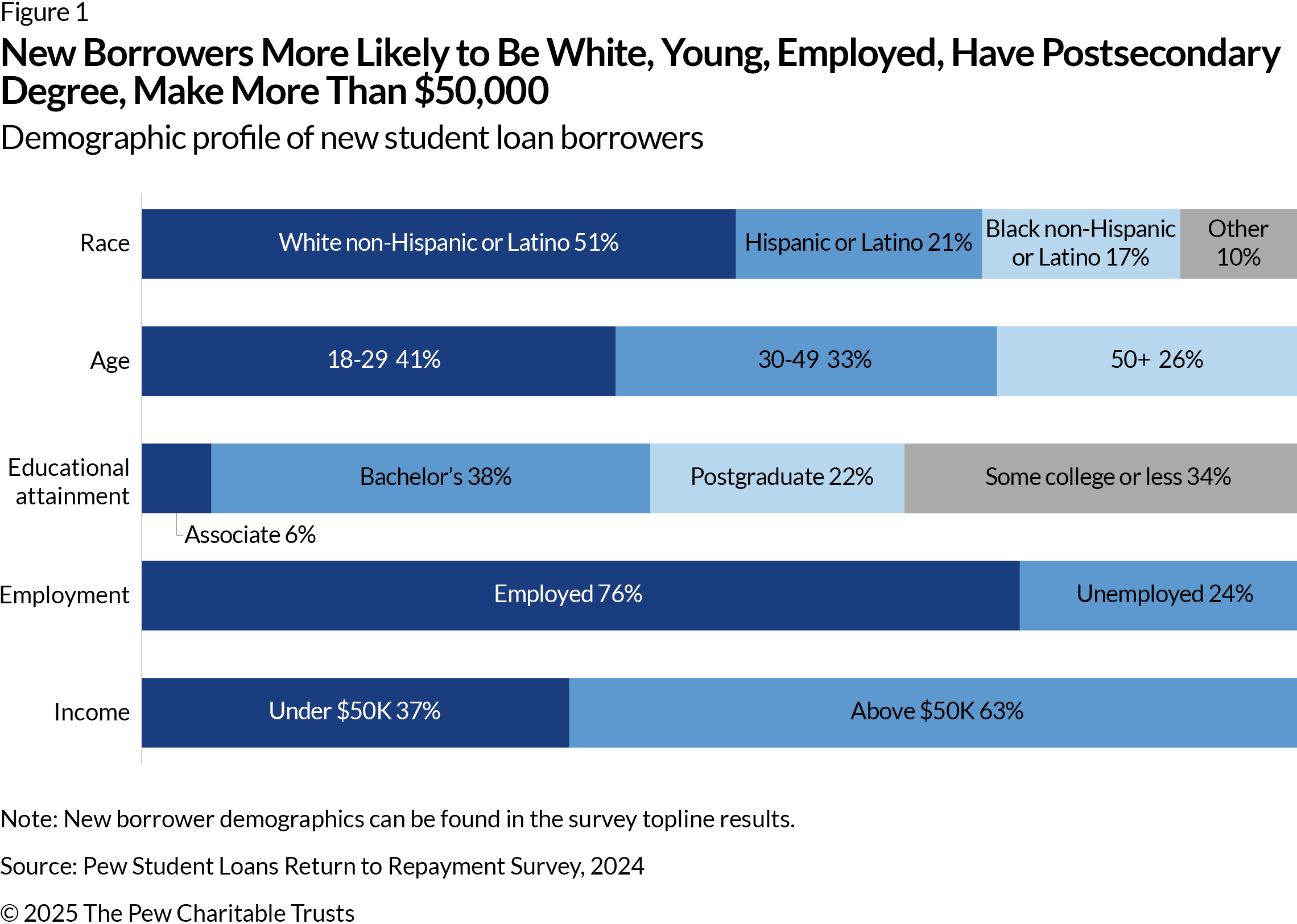A horizontal bar chart shows the share of new student loan borrowers across five demographic categories. For race: 51% identified as White non-Hispanic or Latino; 21% as Hispanic; 17% as Black non-Hispanic or Latino; and 10% as Other. For age: 41% identified as ages 18-29, 33% as 30-49, and 26% as 50 and older. For educational attainment: 6% had an associate degree, 38% had a bachelor’s degree, 22% had a postgraduate degree, and 34% had some college or less. For employment: 76% were employed, and 24% were unemployed. And for income: 37% made under $50,000, and 63% made over $50,000.
