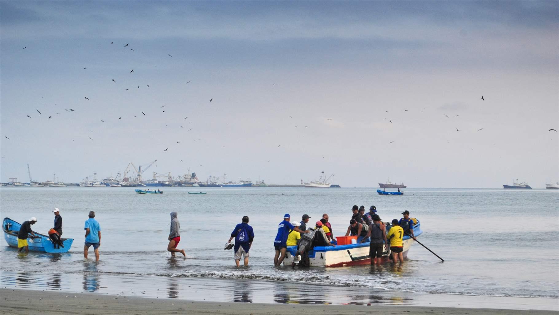 Dieciséis pescadores llegan a una playa de arena en pequeños barcos de color azul, blanco y rojo. El océano está en calma, se observan varios buques pequeños de pesca artesanal lejos de la costa y, en el horizonte, puede apreciarse un gran puerto industrial. Se observan aves sobrevolando contra un cielo azul con nubes blancas. 