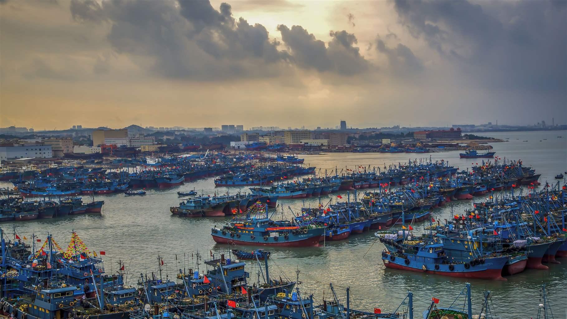 Hundreds of blue fishing boats are docked in a busy port, with port buildings in the distance and the sun rising through gray clouds.  