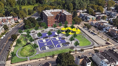 Aerial rendering of elementary schoolyard renovation plans, featuring multiple basketball courts, walking paths, green spaces with trees, and an area for playground equipment. The site is surrounded by residential buildings and roads. Caption: Rendering of schoolyard renovation plans for Logan Elementary.