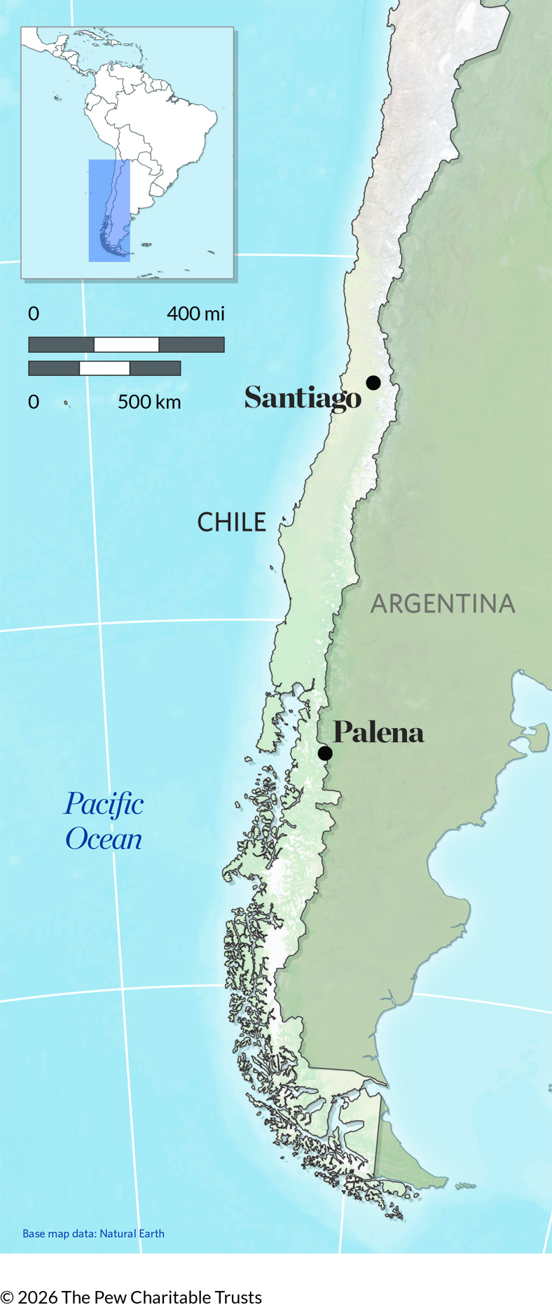A map of South America shows the Chile and Argentina, from Chile’s capital of Santiago on south. The town of Palena is noted in the mountains that bridge the two countries about two-thirds of the way down the map.